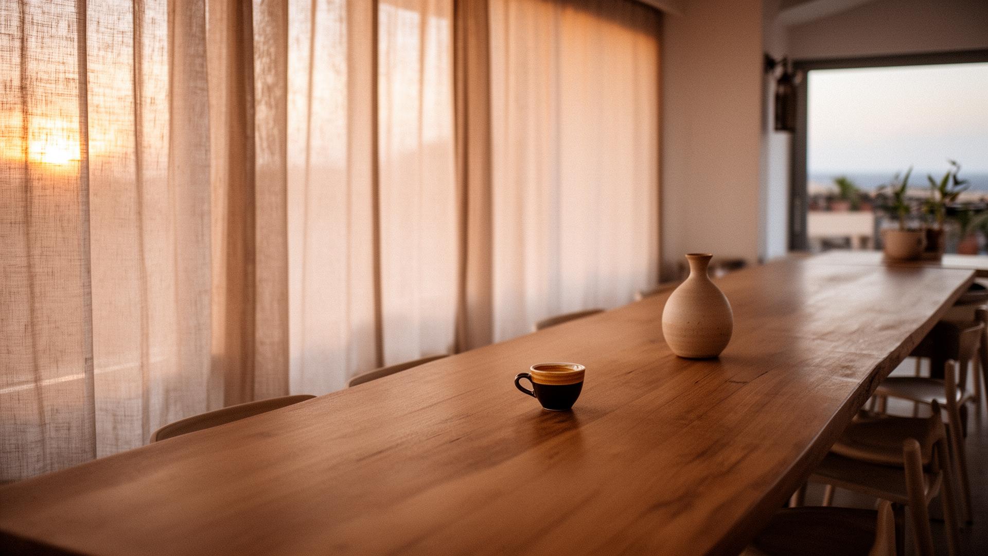Mesa larga del café al amanecer