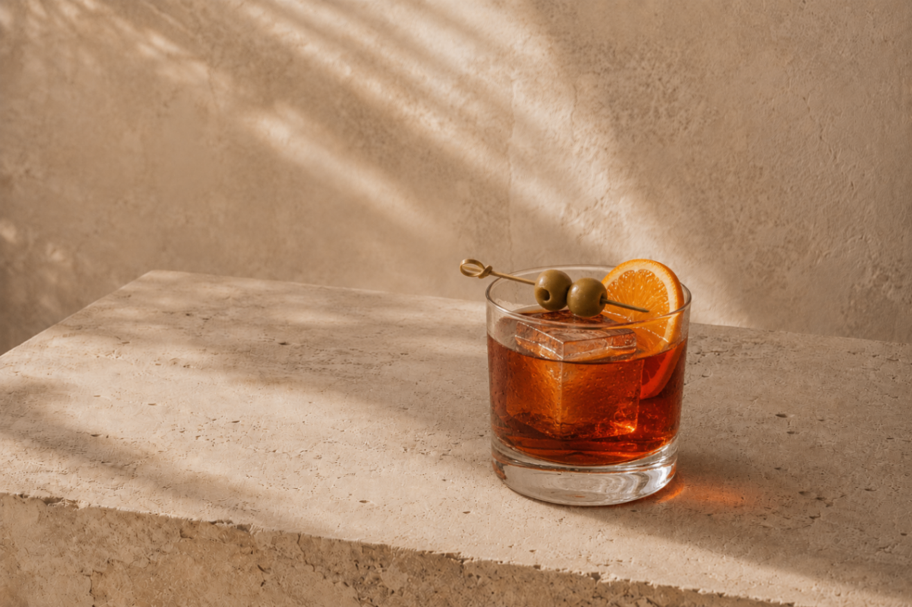 Vermut artesano con naranja y aceitunas