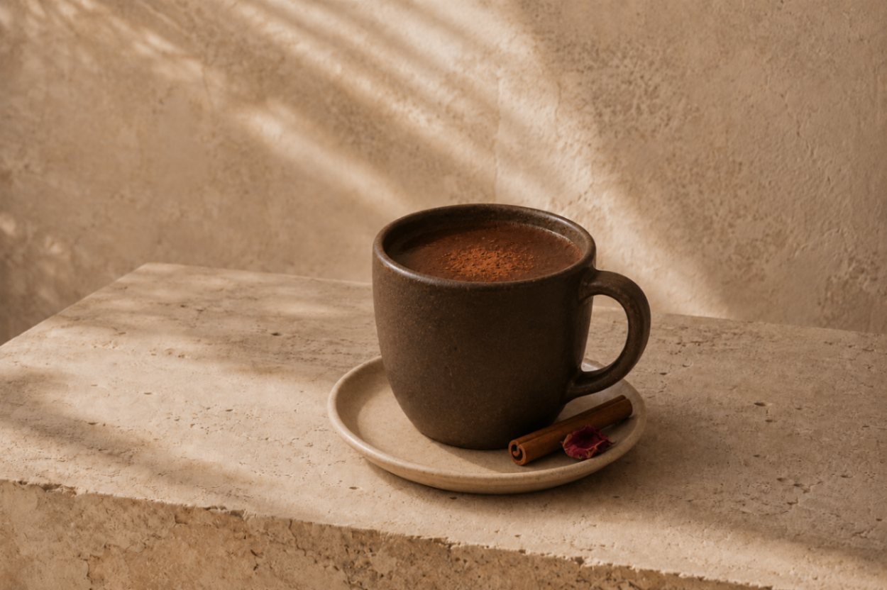 Cacao adaptógeno servido en taza oscura