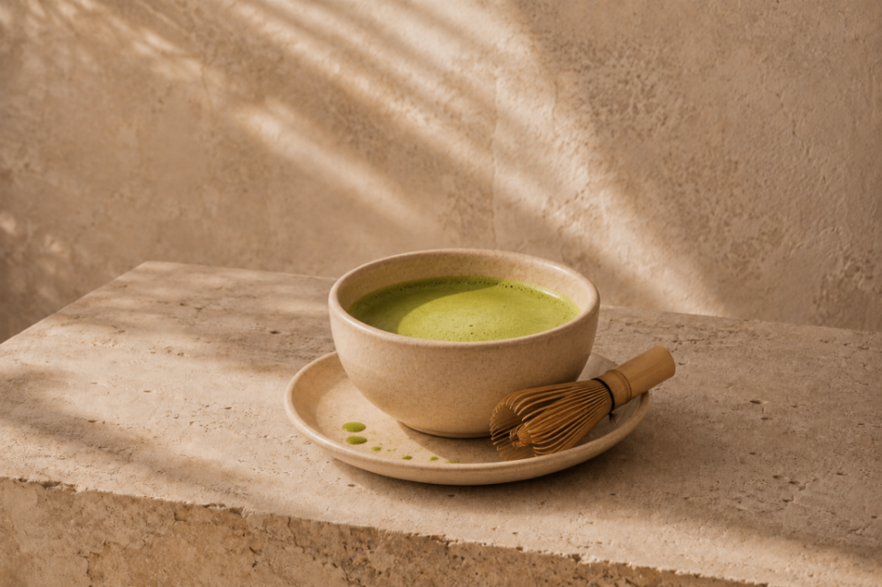 Matcha latte ceremonial en cuenco con batidor de bambú