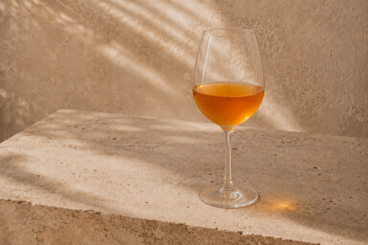 Copa de vino natural sobre mesa de piedra
