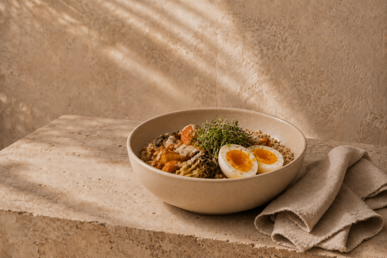 Bowl de temporada con verduras y huevo