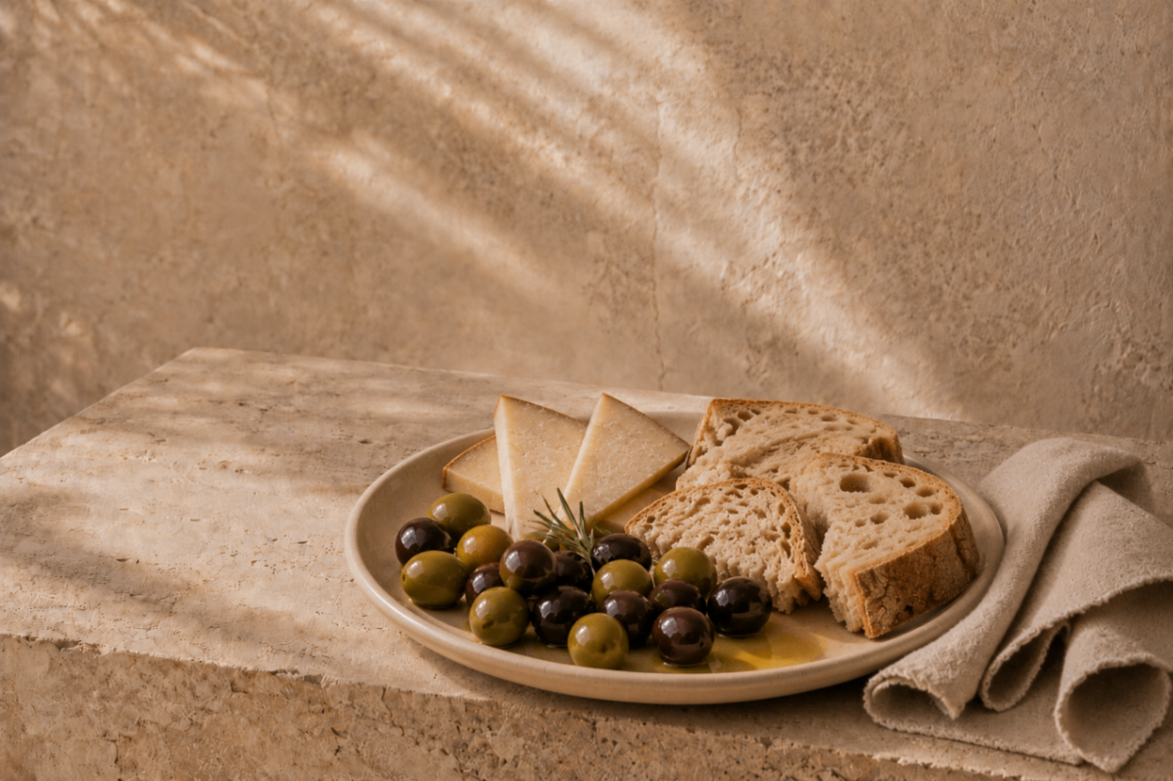 Plato de aceitunas, queso curado y pan