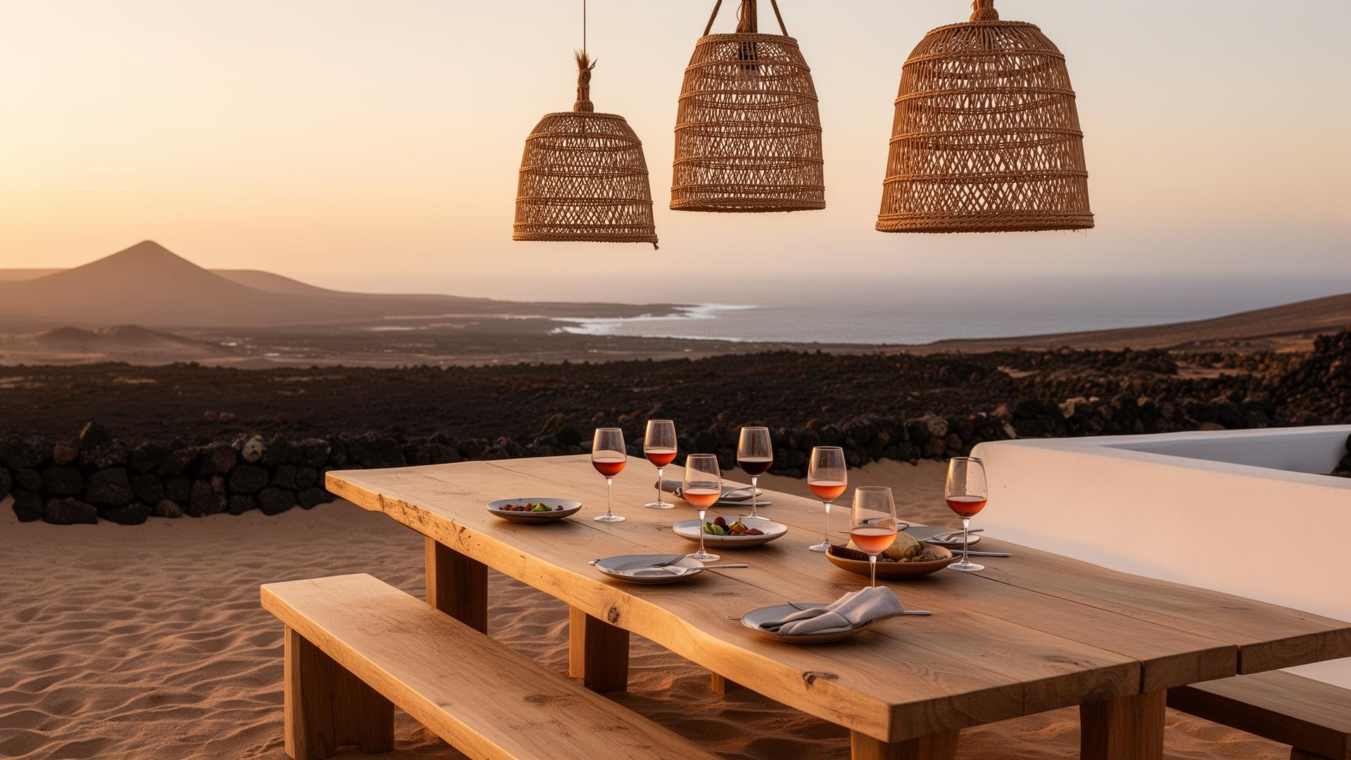 Mesa comunal en la terraza al atardecer